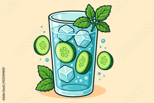 Refreshing cold drink with cucumber slices, fresh mint leaves, ice cubes in glass. Summer beverage, detox water, healthy hydration. Cartoon vector illustration of cool mint cucumber infused water.