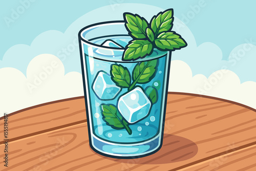 Refreshing cold water with ice cubes and fresh mint leaves in clear glass on wooden table, summer drink concept, vector cartoon illustration, hydration, healthy beverage, outdoor refreshment