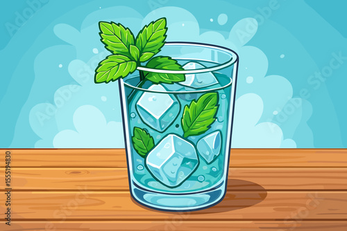Refreshing glass of cold water with ice cubes and fresh mint leaves on wooden table. Summer drink concept. Cool beverage illustration. Cartoon vector. Hydration, freshness, healthy lifestyle, no text