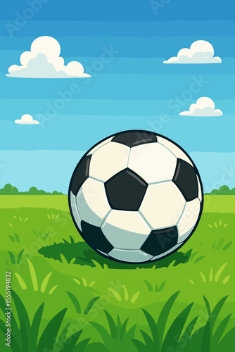 Classic soccer ball on vibrant green grass field under clear blue summer sky with fluffy clouds. Outdoor sports activity, recreation, leisure, cartoon vector illustration for football themes