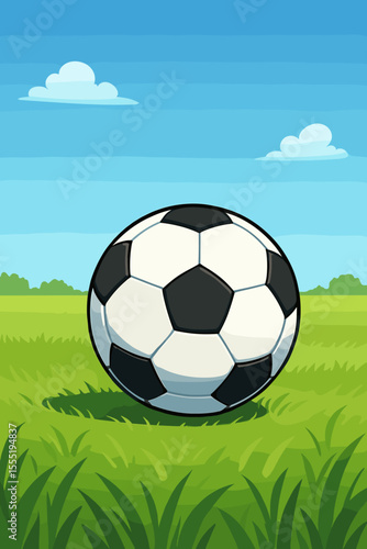 Classic Black and White Soccer Ball on Lush Green Grass Field Under Clear Blue Summer Sky, Outdoor Sports Game, Recreation, Cartoon Vector Illustration, Youth Activity, No Text