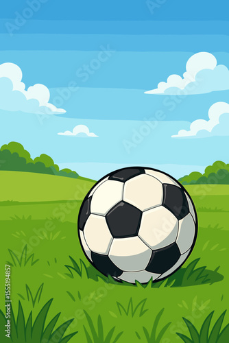Soccer ball on lush green grass field under clear blue sky, summer season outdoor sports concept, vector cartoon illustration for kids and sports design