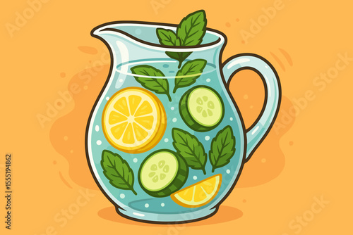 Fresh infused water with lemon, cucumber, and mint leaves in glass pitcher. Summer detox drink. Healthy beverage. Refreshing hydration. Cartoon vector illustration. No text. Isolated.