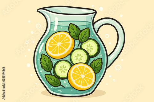 Fresh infused water with lemon, cucumber, and mint in glass pitcher. Healthy summer drink, refreshing detox beverage, sliced citrus, herbal leaves, clean hydration. Vector cartoon illustration