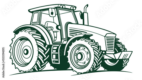 Detailed Line Art Illustration of a Green Tractor.