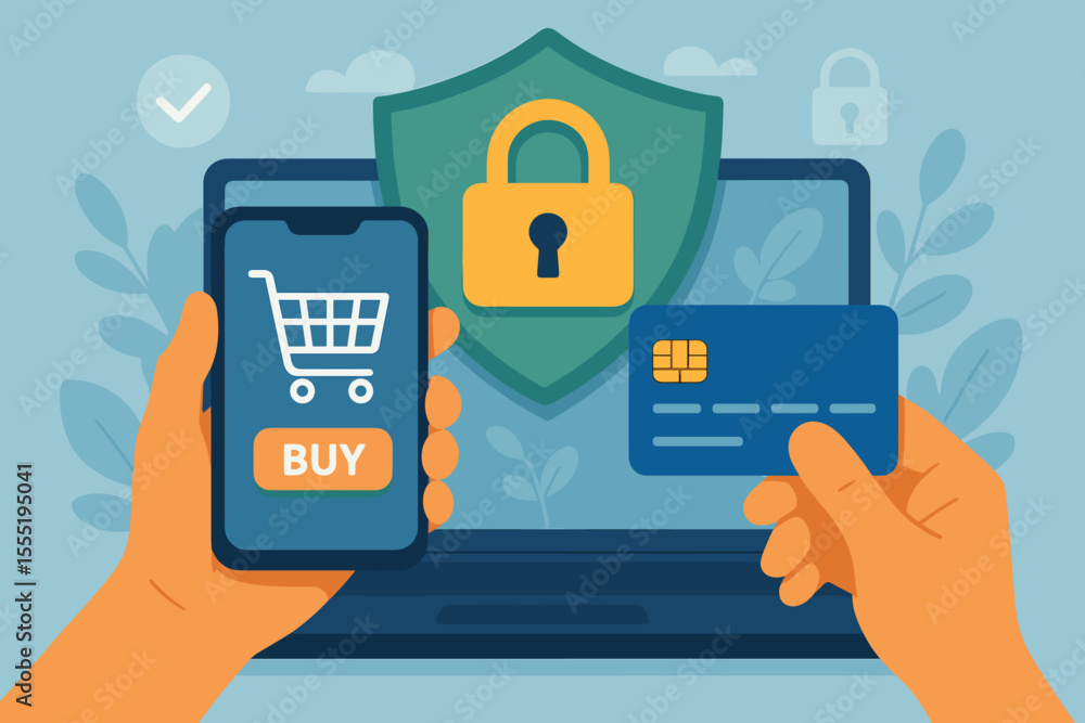 Secure online shopping payment concept. Mobile phone with buy button, credit card, shield padlock. Safe e-commerce transaction, internet banking, digital wallet, cybersecurity. Vector illustration Secure online shopping payment concept. Mobile phone with buy button, credit card, shield padlock. Safe e-commerce transaction, internet banking, digital wallet, cybersecurity. Vector illustration