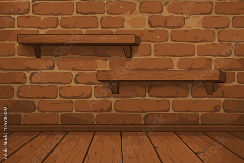 Rustic wooden floor and floating shelves on vintage brick wall, cozy interior background, cartoon vector illustration for home decor, empty room, design template, no text, warm tones