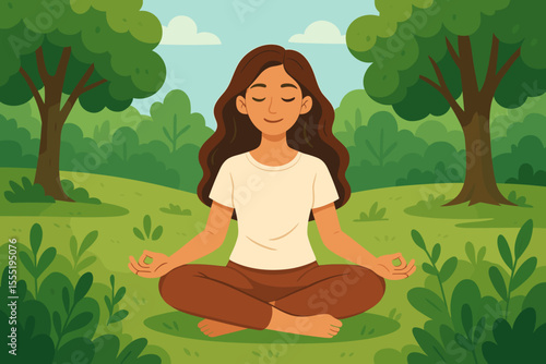 Wallpaper Mural Peaceful woman practicing yoga meditation outdoors, mindfulness in lush green park, nature relaxation, healthy lifestyle, calm mental wellness, vector cartoon illustration Torontodigital.ca
