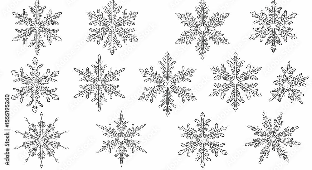 Decorative Snowflakes Set in Black and White Line Art for Winter Design Decorative Snowflakes Set in Black and White Line Art for Winter Design