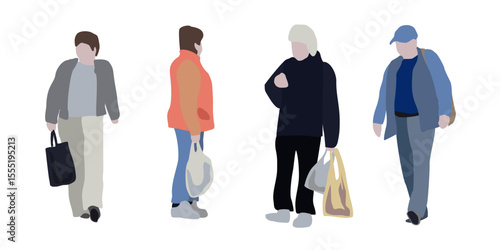 Set of drawings of people on the street in spring clothes. 2D image for use as an entourage. Vector flat city infographics	
