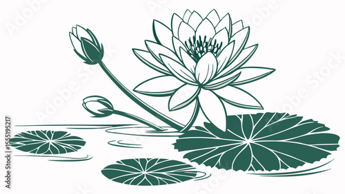 Elegant Stylized Water Lily with Buds and Pads.