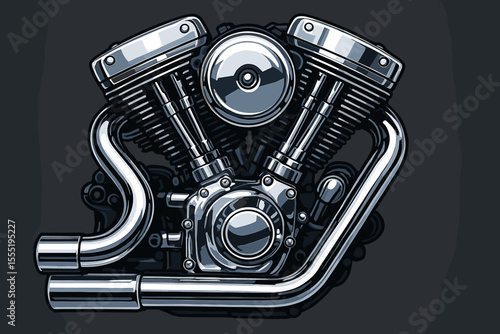 Shiny chrome motorcycle engine vector illustration. Detailed V-twin motor close-up. Mechanical parts, exhaust pipes, cylinders, realistic metallic design. Custom bike power, engineering concept art