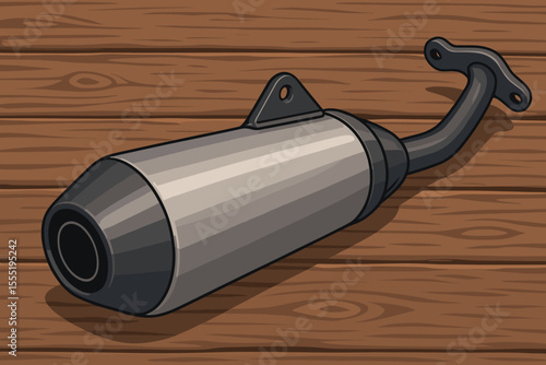 Modern motorcycle exhaust pipe close-up, shiny chrome muffler on rustic wooden background, vector cartoon illustration, automotive part, vehicle accessory, detailed mechanical component