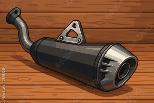 Modern motorcycle exhaust pipe close-up. Sleek chrome muffler detail on rustic wooden background. Vector cartoon illustration. Bike part, automotive accessory, custom motorbike equipment concept.
