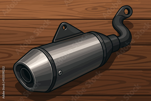 Modern motorcycle exhaust pipe close-up on rustic wooden background. Shiny metal muffler detail. Vector cartoon illustration. Motorbike part, automotive accessory, realistic chrome design.