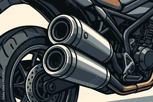 Modern motorcycle rear wheel and dual exhaust pipes close-up. Detailed vector illustration of sport bike mechanical parts, chrome mufflers, tire, disc brake. Futuristic transport design concept