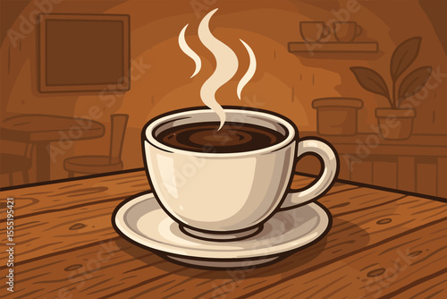 Steaming hot coffee cup on rustic wooden table in cozy cafe interior. Vector cartoon illustration of fresh brewed espresso or black coffee, morning beverage, relaxing coffeehouse atmosphere, no text.