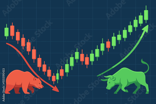 Bull and Bear Market Trends Vector Illustration, Financial Investment Trading Analysis, Candlestick Chart, Rising and Falling Stock Prices, Market Volatility, Economic Growth and Decline Concept