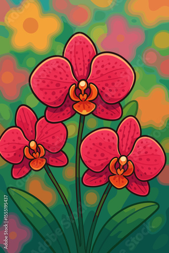 Lush pink orchid flowers blooming with vivid petals and green leaves, vibrant cartoon vector illustration, soft focus colorful floral background, tropical exotic plant nature concept art