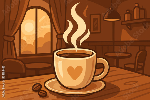 Warm steaming cup of coffee with heart symbol in cozy cafe interior at sunrise, inviting morning atmosphere, cartoon vector illustration, relaxing breakfast, peaceful coffeehouse scene