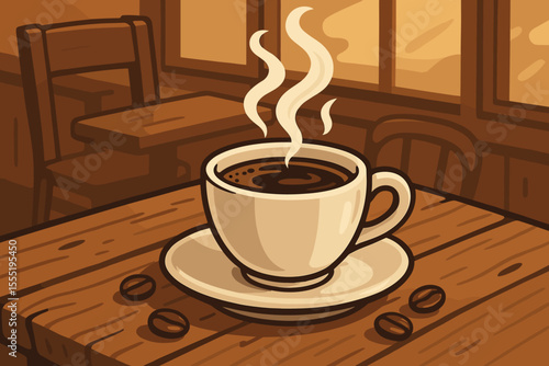 Hot steaming cup of fresh coffee on rustic wooden cafe table, cozy coffee shop interior, aromatic espresso drink, morning beverage, vector cartoon illustration, inviting warm atmosphere