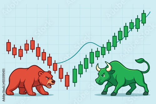 Bull and Bear Market Trend Cartoon Vector, Stock Trading Candlestick Chart, Investment Analysis, Financial Growth and Decline, Market Volatility, Economic Uptrend Downtrend Illustration