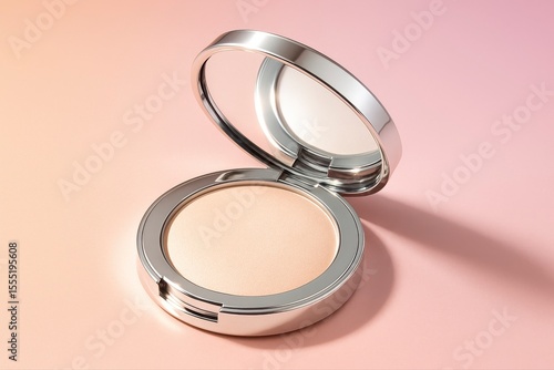 Close up of a silver compact with powder on a gradient pink background
