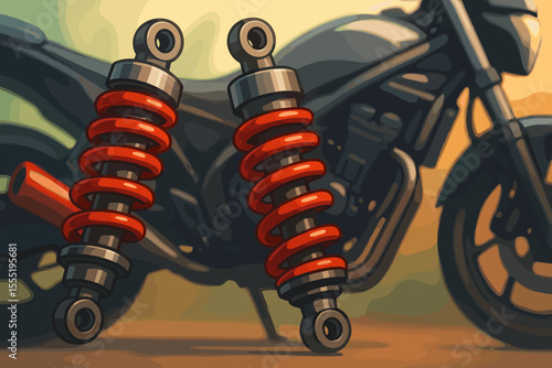 Motorcycle Shock Absorbers with Red Springs, Vector Illustration. Suspension Parts, Mechanical Engineering, Sleek Bike Frame, Automotive Components, Modern Transport Concept Art
