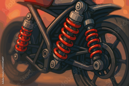 Detailed vector illustration of motorcycle rear suspension with vibrant red shock absorbers, modern steel frame, soft focus background, close-up, engineering, transportation, automotive concept