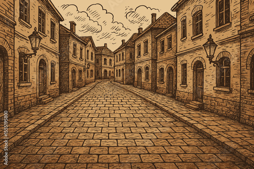 Vintage cobblestone street scene with old brick buildings, stone pavement, lanterns, European architecture, hand-drawn engraving style, historical urban alleyway vector illustration