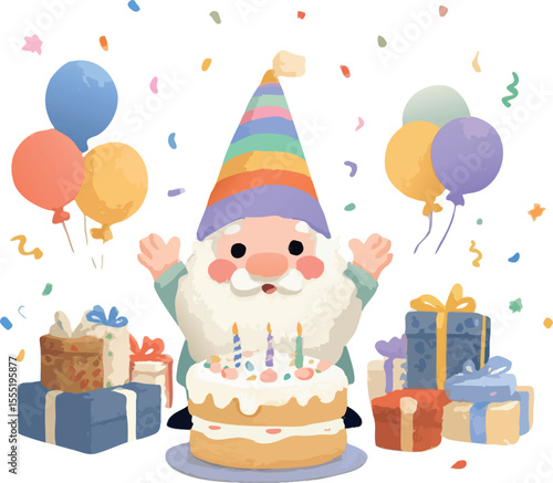 A cheerful gnome wearing a rainbow-striped hat is celebrating a birthday with balloons, gifts, a cake with candles, and colorful confetti around.