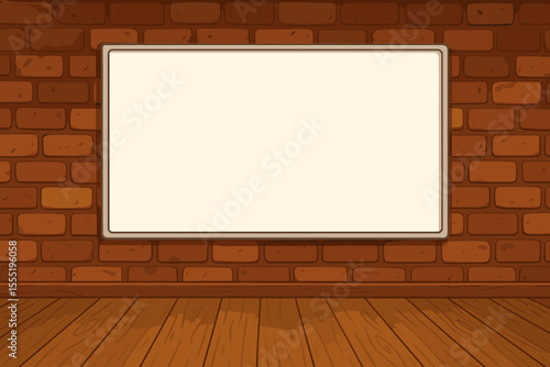 Blank whiteboard on rustic brick wall and wooden floor in empty classroom or office interior. Vector cartoon illustration. Copy space for presentation, education, workspace, meeting, training concept