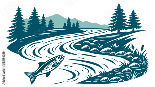 Leaping Trout in a Mountain River Landscape.