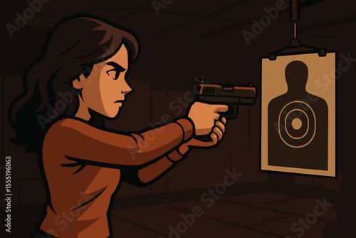 Woman aiming pistol at target in dimly lit shooting range, vector cartoon illustration of female shooter practicing firearm skills, self-defense training, precise marksmanship concept