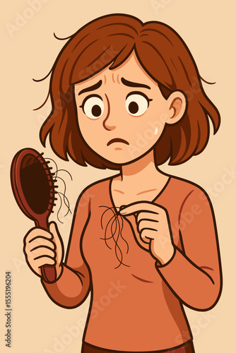 Woman experiencing hair loss holding hairbrush with fallen strands. Female hair shedding, alopecia, hair thinning problem, stress, scalp health, hair care concept. Vector cartoon illustration.