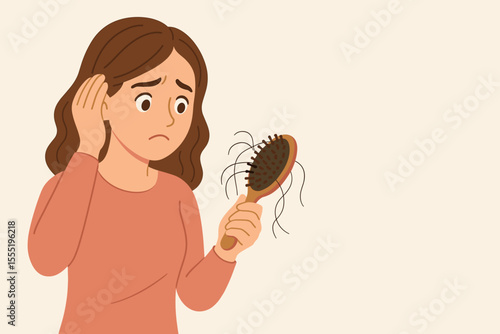 Worried woman with brown hair holding hairbrush full of fallen hair strands, hair loss problem, female alopecia, hair thinning, hair care concern, vector illustration, empty copy space background