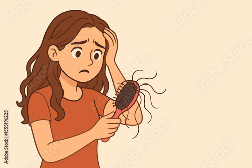 Worried woman brushing hair loss strands. Female holding hairbrush full of fallen hair. Hair thinning, alopecia, stress, health problem concept. Vector cartoon illustration with copy space background