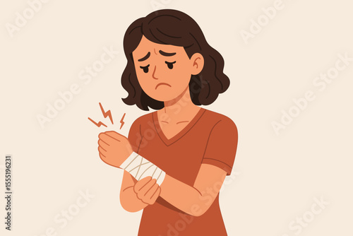 Woman with bandaged wrist holding arm in pain, injury relief and safety, medical emergency, first aid, sprain or fracture, healthcare and accident prevention, vector cartoon illustration