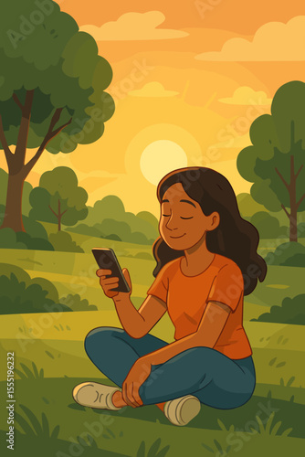 Young woman sitting cross-legged on green grass in peaceful park at sunrise, using smartphone, relaxing outdoors, enjoying nature, digital lifestyle, summer morning, vector cartoon illustration