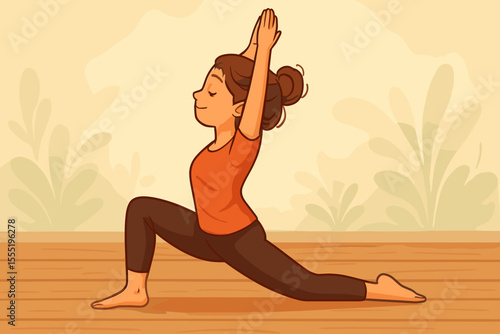 Cartoon woman practicing yoga lunge pose indoors on wooden floor, healthy lifestyle, fitness exercise, stretching, wellness activity, home workout, vector illustration, calm background