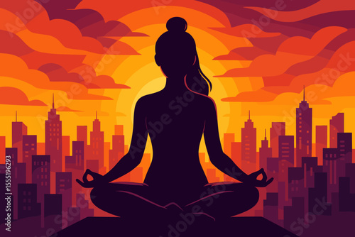Serene woman meditating in lotus pose at sunrise on city skyline, abstract silhouette, vibrant orange sunset, urban mindfulness, peaceful yoga practice, wellness, mental health, vector illustration