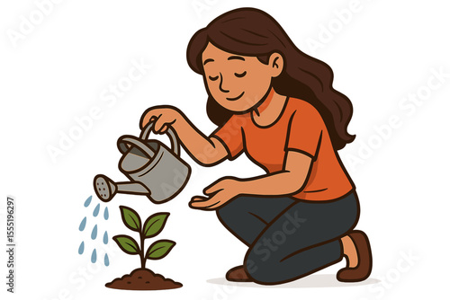 Woman watering young plant with watering can, nurturing sapling growth, environmental care, gardening, protection, sustainability, eco-friendly lifestyle, vector cartoon illustration on white