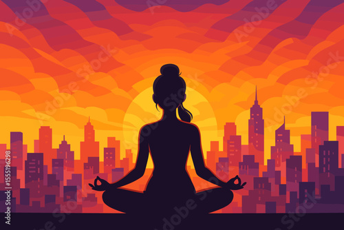 Tranquil woman meditating in lotus pose at sunrise on modern city skyline, vibrant abstract sunset, peaceful mindfulness, urban yoga silhouette, wellness, mental health, relaxation concept vector