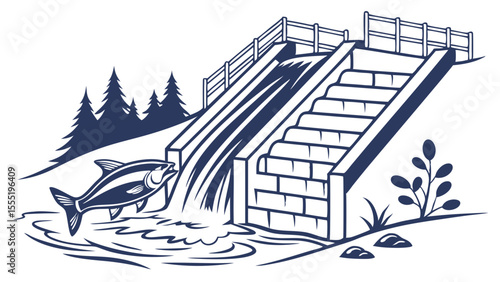 Salmon Swimming Towards a Fish Ladder and Waterfall.