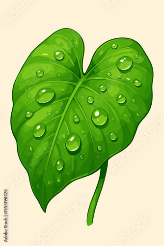 Fresh green leaf with water droplets, botanical illustration, dewdrops on foliage, nature moisture concept, eco-friendly plant design, vibrant cartoon vector, natural freshness, spring growth
