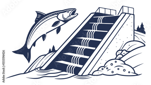 Salmon Jumping Upstream at Fish Ladder Black and White Illustration.