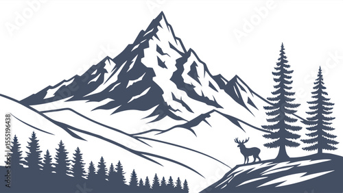 Silhouette of Majestic Mountain Range with Deer and Trees.