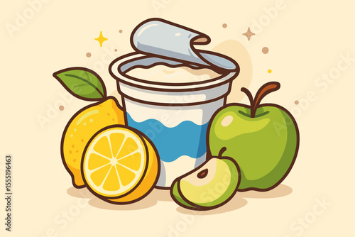 Fresh yogurt cup with lemon and green apple, healthy detox diet ingredients, cartoon vector illustration. Natural probiotic snack, vitamin-rich fruits, clean eating, dairy breakfast concept
