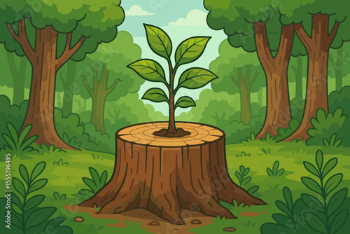 Cartoon forest regeneration concept with young green tree sapling sprouting from cut tree stump, symbolizing environmental renewal, reforestation, hope, sustainability, and nature conservation