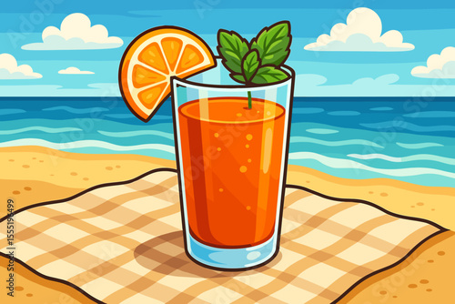Refreshing orange juice with mint garnish and orange slice on picnic blanket at sunny beach seashore, summer tropical drink, vacation relaxation, cartoon vector illustration, vibrant colors